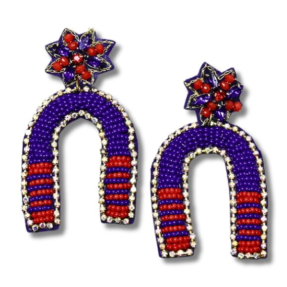 Football Red Blue Goalpost Seed Beaded NFL College Red Blue Rhinestone Earrings - Picture 2 of 2